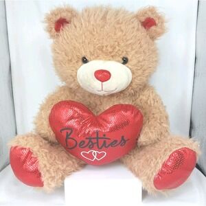 15" Brown Teddy Bear Plush BESTIES Red Sparkle Heart Pillow